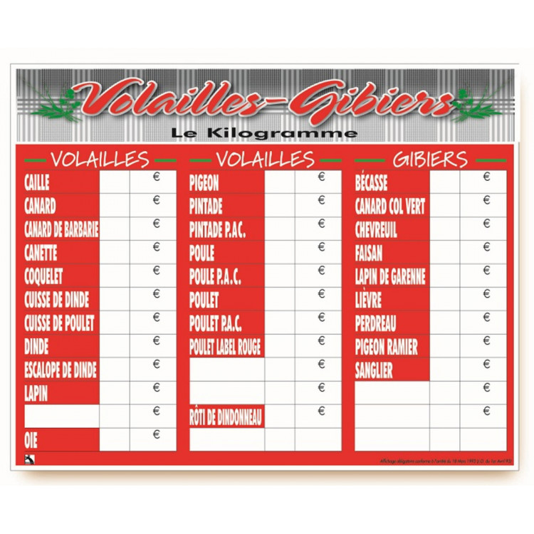 Panneau affichage tarif rectangulaire panaché 40x50 mm Bequet