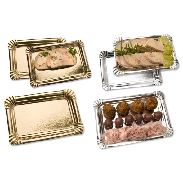 Plateau traiteur rectangulaire argent carton 23,3x15,5x0,3 cm (100 pièces)