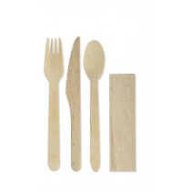 Kit cuillère, fourchette, couteau en bois et serviette kraft 23cm Earth Essentials (500 pièces)