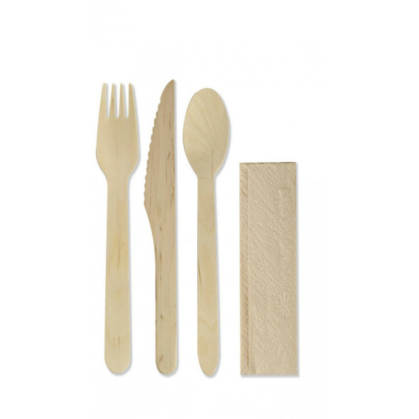 Kit cuillère, fourchette, couteau en bois et serviette kraft 23cm Earth Essentials (500 pièces)